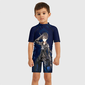 Детский купальный костюм 3D с принтом Черный мечник Кирито в Тюмени, Полиэстер 85%, Спандекс 15% | застежка на молнии на спине | alice | alicization | asuna | kirito | sao | sword art online | underworld | алиса | алисизация | асуна | кирито | мастера меча онлайн | чёрный мечник | юджио