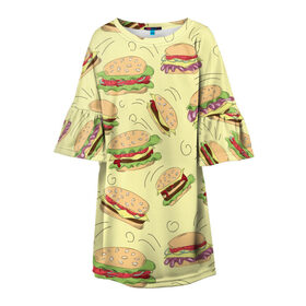 Детское платье 3D с принтом Узор с бургерами в Тюмени, 100% полиэстер | прямой силуэт, чуть расширенный к низу. Круглая горловина, на рукавах — воланы | бургер | гамбургер | еда | желтый | паттерн | узор | фастфуд