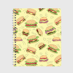 Тетрадь с принтом Узор с бургерами в Тюмени, 100% бумага | 48 листов, плотность листов — 60 г/м2, плотность картонной обложки — 250 г/м2. Листы скреплены сбоку удобной пружинной спиралью. Уголки страниц и обложки скругленные. Цвет линий — светло-серый
 | Тематика изображения на принте: бургер | гамбургер | еда | желтый | паттерн | узор | фастфуд