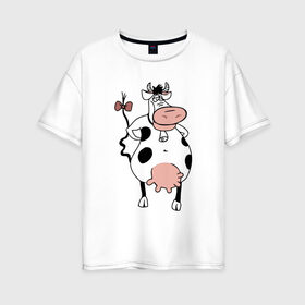 Женская футболка хлопок Oversize с принтом Смешная корова в Тюмени, 100% хлопок | свободный крой, круглый ворот, спущенный рукав, длина до линии бедер
 | 2021 | 7 января | bull | newyear | santa | бык | быки | бычок | год быка | дед мороз | корова | новогодние каникулы | новогодние праздники | новый 2021 | новый год | новый год 2021 | рождество | сани | санта | санта клаус