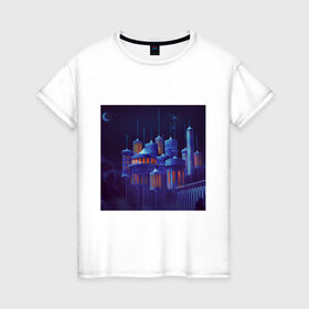 Женская футболка хлопок с принтом Небесный замок в Тюмени, 100% хлопок | прямой крой, круглый вырез горловины, длина до линии бедер, слегка спущенное плечо | замок | локация | пейзаж | фэнтези