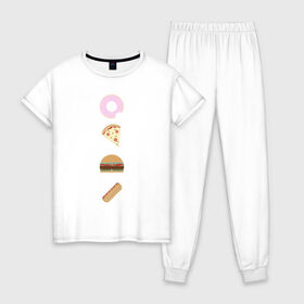 Женская пижама хлопок с принтом Fast Food в Тюмени, 100% хлопок | брюки и футболка прямого кроя, без карманов, на брюках мягкая резинка на поясе и по низу штанин | doodle | бургер | вкусно | донат | еда | мило | нямка | пицца | сосиска | фастфуд | хотдог