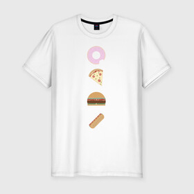 Мужская футболка хлопок Slim с принтом Fast Food в Тюмени, 92% хлопок, 8% лайкра | приталенный силуэт, круглый вырез ворота, длина до линии бедра, короткий рукав | doodle | бургер | вкусно | донат | еда | мило | нямка | пицца | сосиска | фастфуд | хотдог