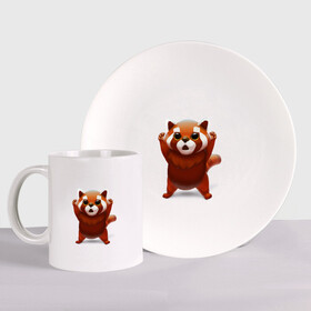 Набор: тарелка + кружка с принтом Красная панда в Тюмени, керамика | Кружка: объем — 330 мл, диаметр — 80 мм. Принт наносится на бока кружки, можно сделать два разных изображения. 
Тарелка: диаметр - 210 мм, диаметр для нанесения принта - 120 мм. | Тематика изображения на принте: big eyes | cute | red panda | большие глаза | красная панда | милаха
