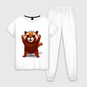 Женская пижама хлопок с принтом Красная панда в Тюмени, 100% хлопок | брюки и футболка прямого кроя, без карманов, на брюках мягкая резинка на поясе и по низу штанин | big eyes | cute | red panda | большие глаза | красная панда | милаха