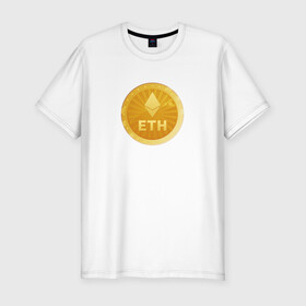 Мужская футболка хлопок Slim с принтом ЭФИРИУМ ETH в Тюмени, 92% хлопок, 8% лайкра | приталенный силуэт, круглый вырез ворота, длина до линии бедра, короткий рукав | bitcoin | btc | биткоин | валюта | деньги | криптовалюта