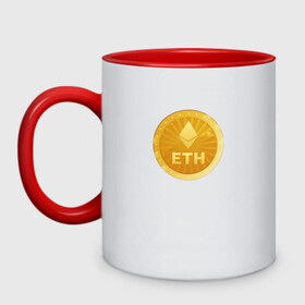 Кружка двухцветная с принтом ЭФИРИУМ ETH в Тюмени, керамика | объем — 330 мл, диаметр — 80 мм. Цветная ручка и кайма сверху, в некоторых цветах — вся внутренняя часть | bitcoin | btc | биткоин | валюта | деньги | криптовалюта