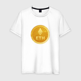 Мужская футболка хлопок с принтом ЭФИРИУМ ETH в Тюмени, 100% хлопок | прямой крой, круглый вырез горловины, длина до линии бедер, слегка спущенное плечо. | bitcoin | btc | биткоин | валюта | деньги | криптовалюта