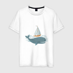 Мужская футболка хлопок с принтом Кит в Тюмени, 100% хлопок | прямой крой, круглый вырез горловины, длина до линии бедер, слегка спущенное плечо. | кит | лодка | море | морские жители | океан | яхта
