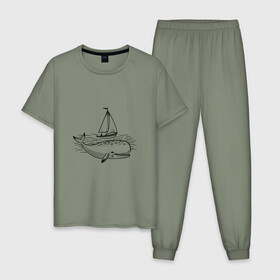 Мужская пижама хлопок с принтом Кит в Тюмени, 100% хлопок | брюки и футболка прямого кроя, без карманов, на брюках мягкая резинка на поясе и по низу штанин
 | кит | лодка | море | морские жители | океан | яхта
