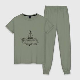 Женская пижама хлопок с принтом Кит в Тюмени, 100% хлопок | брюки и футболка прямого кроя, без карманов, на брюках мягкая резинка на поясе и по низу штанин | кит | лодка | море | морские жители | океан | яхта
