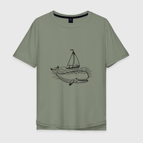 Мужская футболка хлопок Oversize с принтом Кит в Тюмени, 100% хлопок | свободный крой, круглый ворот, “спинка” длиннее передней части | кит | лодка | море | морские жители | океан | яхта