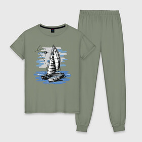 Женская пижама хлопок с принтом Яхта в Тюмени, 100% хлопок | брюки и футболка прямого кроя, без карманов, на брюках мягкая резинка на поясе и по низу штанин | лодка | море | океан | путешествия | яхта
