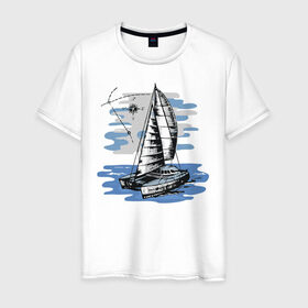 Мужская футболка хлопок с принтом Яхта в Тюмени, 100% хлопок | прямой крой, круглый вырез горловины, длина до линии бедер, слегка спущенное плечо. | Тематика изображения на принте: лодка | море | океан | путешествия | яхта