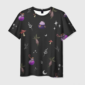 Мужская футболка 3D с принтом Magic pattern в Тюмени, 100% полиэфир | прямой крой, круглый вырез горловины, длина до линии бедер | Тематика изображения на принте: bottle | mandrake | mushroom | pot | волшебство | зелье | паттерн