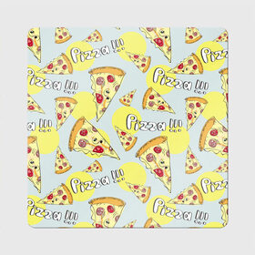 Магнит виниловый Квадрат с принтом Узор Куски пиццы в Тюмени, полимерный материал с магнитным слоем | размер 9*9 см, закругленные углы | еда | желтый | кусок | паттерн | пеперони | пицца | узор | фастфуд