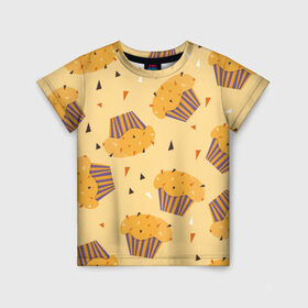 Детская футболка 3D с принтом Капкейки на желтом фоне в Тюмени, 100% гипоаллергенный полиэфир | прямой крой, круглый вырез горловины, длина до линии бедер, чуть спущенное плечо, ткань немного тянется | еда | желтый | капкейки | кондитер | оранжевый | паттерн | пирожное | повар | сладости | узор | хеллоуин