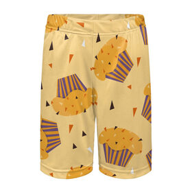 Детские спортивные шорты 3D с принтом Капкейки на желтом фоне в Тюмени,  100% полиэстер
 | пояс оформлен широкой мягкой резинкой, ткань тянется
 | еда | желтый | капкейки | кондитер | оранжевый | паттерн | пирожное | повар | сладости | узор | хеллоуин