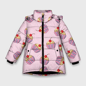 Зимняя куртка для девочек 3D с принтом Капкейки на розовом в Тюмени, ткань верха — 100% полиэстер; подклад — 100% полиэстер, утеплитель — 100% полиэстер. | длина ниже бедра, удлиненная спинка, воротник стойка и отстегивающийся капюшон. Есть боковые карманы с листочкой на кнопках, утяжки по низу изделия и внутренний карман на молнии. 

Предусмотрены светоотражающий принт на спинке, радужный светоотражающий элемент на пуллере молнии и на резинке для утяжки. | Тематика изображения на принте: вишенка | еда | капкейки | пирожное | розовый | сладкое | сладости
