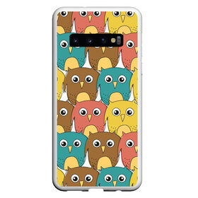 Чехол для Samsung Galaxy S10 с принтом Разноцветные совы в Тюмени, Силикон | Область печати: задняя сторона чехла, без боковых панелей | Тематика изображения на принте: детский | лесной | мультяшный | паттерн | разноцветный | сова | совушки | совы | узор