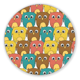 Коврик для мышки круглый с принтом Разноцветные совы в Тюмени, резина и полиэстер | круглая форма, изображение наносится на всю лицевую часть | детский | лесной | мультяшный | паттерн | разноцветный | сова | совушки | совы | узор