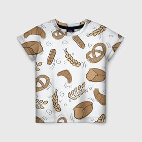 Детская футболка 3D с принтом Узор Пекарня в Тюмени, 100% гипоаллергенный полиэфир | прямой крой, круглый вырез горловины, длина до линии бедер, чуть спущенное плечо, ткань немного тянется | булки | коричневый | крендель | пекарня | повар | узор | хлеб
