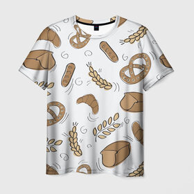 Мужская футболка 3D с принтом Узор Пекарня в Тюмени, 100% полиэфир | прямой крой, круглый вырез горловины, длина до линии бедер | булки | коричневый | крендель | пекарня | повар | узор | хлеб