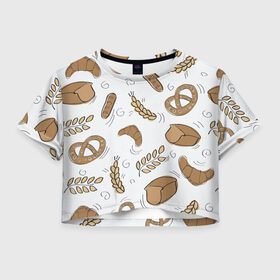 Женская футболка Crop-top 3D с принтом Узор Пекарня в Тюмени, 100% полиэстер | круглая горловина, длина футболки до линии талии, рукава с отворотами | булки | коричневый | крендель | пекарня | повар | узор | хлеб