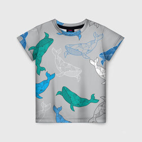 Детская футболка 3D с принтом Узор с китами на сером в Тюмени, 100% гипоаллергенный полиэфир | прямой крой, круглый вырез горловины, длина до линии бедер, чуть спущенное плечо, ткань немного тянется | графика | кит | морской | рыба | серый | синий | узор
