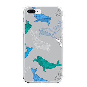 Чехол для iPhone 7Plus/8 Plus матовый с принтом Узор с китами на сером в Тюмени, Силикон | Область печати: задняя сторона чехла, без боковых панелей | Тематика изображения на принте: графика | кит | морской | рыба | серый | синий | узор