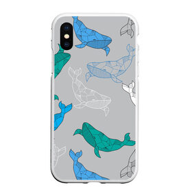 Чехол для iPhone XS Max матовый с принтом Узор с китами на сером в Тюмени, Силикон | Область печати: задняя сторона чехла, без боковых панелей | Тематика изображения на принте: графика | кит | морской | рыба | серый | синий | узор
