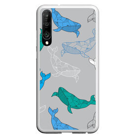 Чехол для Honor P30 с принтом Узор с китами на сером в Тюмени, Силикон | Область печати: задняя сторона чехла, без боковых панелей | графика | кит | морской | рыба | серый | синий | узор