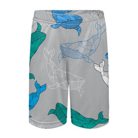Детские спортивные шорты 3D с принтом Узор с китами на сером в Тюмени,  100% полиэстер
 | пояс оформлен широкой мягкой резинкой, ткань тянется
 | Тематика изображения на принте: графика | кит | морской | рыба | серый | синий | узор