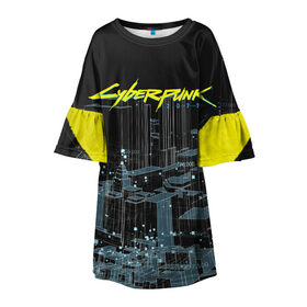 Детское платье 3D с принтом Город CYBERPUNK 2077 в Тюмени, 100% полиэстер | прямой силуэт, чуть расширенный к низу. Круглая горловина, на рукавах — воланы | 2077 | cyberpunk | cyberpunk 2077 | город | игра | киберпанк | панк