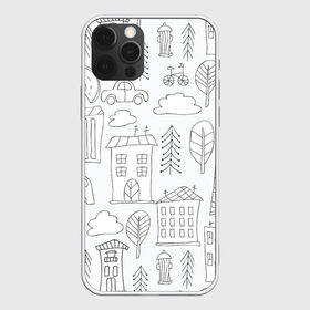 Чехол для iPhone 12 Pro Max с принтом Нарисованный город в Тюмени, Силикон |  | белый | город | городской | дудлинг | нарисованный | серый | узор