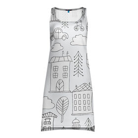 Платье-майка 3D с принтом Нарисованный город в Тюмени, 100% полиэстер | полуприлегающий силуэт, широкие бретели, круглый вырез горловины, удлиненный подол сзади. | белый | город | городской | дудлинг | нарисованный | серый | узор