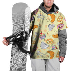 Накидка на куртку 3D с принтом Кондитерский узор в Тюмени, 100% полиэстер |  | выпечка | готовить | готовка | еда | желтый | кондитер | крендель | круассан | паттерн | сладости | узор