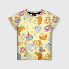 Детская футболка 3D с принтом Кондитерский узор в Тюмени, 100% гипоаллергенный полиэфир | прямой крой, круглый вырез горловины, длина до линии бедер, чуть спущенное плечо, ткань немного тянется | выпечка | готовить | готовка | еда | желтый | кондитер | крендель | круассан | паттерн | сладости | узор