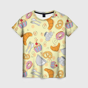 Женская футболка 3D с принтом Кондитерский узор в Тюмени, 100% полиэфир ( синтетическое хлопкоподобное полотно) | прямой крой, круглый вырез горловины, длина до линии бедер | выпечка | готовить | готовка | еда | желтый | кондитер | крендель | круассан | паттерн | сладости | узор