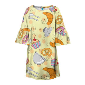 Детское платье 3D с принтом Кондитерский узор в Тюмени, 100% полиэстер | прямой силуэт, чуть расширенный к низу. Круглая горловина, на рукавах — воланы | выпечка | готовить | готовка | еда | желтый | кондитер | крендель | круассан | паттерн | сладости | узор