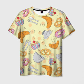 Мужская футболка 3D с принтом Кондитерский узор в Тюмени, 100% полиэфир | прямой крой, круглый вырез горловины, длина до линии бедер | выпечка | готовить | готовка | еда | желтый | кондитер | крендель | круассан | паттерн | сладости | узор