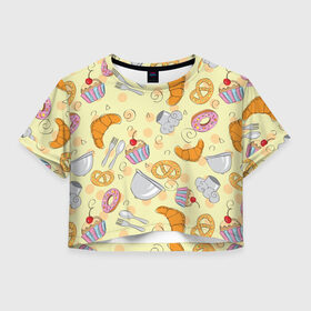 Женская футболка Crop-top 3D с принтом Кондитерский узор в Тюмени, 100% полиэстер | круглая горловина, длина футболки до линии талии, рукава с отворотами | выпечка | готовить | готовка | еда | желтый | кондитер | крендель | круассан | паттерн | сладости | узор
