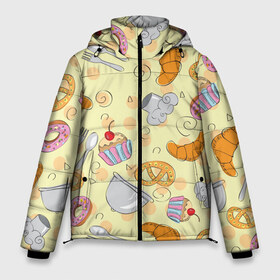 Мужская зимняя куртка 3D с принтом Кондитерский узор в Тюмени, верх — 100% полиэстер; подкладка — 100% полиэстер; утеплитель — 100% полиэстер | длина ниже бедра, свободный силуэт Оверсайз. Есть воротник-стойка, отстегивающийся капюшон и ветрозащитная планка. 

Боковые карманы с листочкой на кнопках и внутренний карман на молнии. | выпечка | готовить | готовка | еда | желтый | кондитер | крендель | круассан | паттерн | сладости | узор