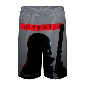 Детские спортивные шорты 3D с принтом Hitman III в Тюмени,  100% полиэстер
 | пояс оформлен широкой мягкой резинкой, ткань тянется
 | Тематика изображения на принте: hitman | hitman 3 | hitman iii | красный | надпись | хитман | хитман 3