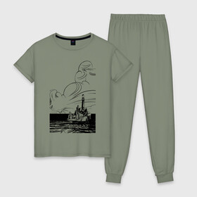 Женская пижама хлопок с принтом Муми-тролль в Тюмени, 100% хлопок | брюки и футболка прямого кроя, без карманов, на брюках мягкая резинка на поясе и по низу штанин | маяк | море | муми тролль | скалы