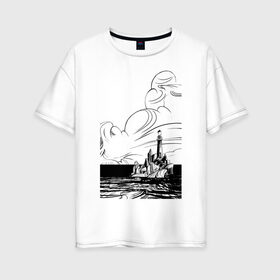 Женская футболка хлопок Oversize с принтом Муми-тролль в Тюмени, 100% хлопок | свободный крой, круглый ворот, спущенный рукав, длина до линии бедер
 | маяк | море | муми тролль | скалы