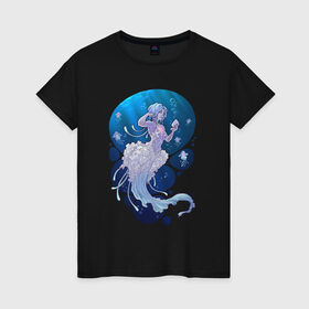 Женская футболка хлопок с принтом Jellyfish mermaid в Тюмени, 100% хлопок | прямой крой, круглый вырез горловины, длина до линии бедер, слегка спущенное плечо | Тематика изображения на принте: jellyfish | mermaid | sea | медузы | морское | подводный мир | русалка