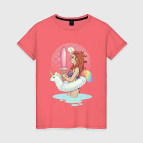 Женская футболка хлопок с принтом Пляжный воин в Тюмени, 100% хлопок | прямой крой, круглый вырез горловины, длина до линии бедер, слегка спущенное плечо | beach | girl | summer | unicorn | warrior | девушка | единорог | летнее
