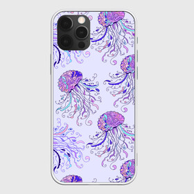 Чехол для iPhone 12 Pro с принтом Узор Медуза в Тюмени, силикон | область печати: задняя сторона чехла, без боковых панелей | завитушки | медуза | море | морской | паттерн | розовый | узор | фиолетовый