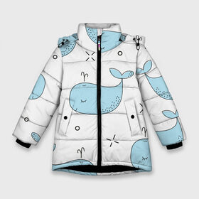 Зимняя куртка для девочек 3D с принтом Маленькие киты в Тюмени, ткань верха — 100% полиэстер; подклад — 100% полиэстер, утеплитель — 100% полиэстер. | длина ниже бедра, удлиненная спинка, воротник стойка и отстегивающийся капюшон. Есть боковые карманы с листочкой на кнопках, утяжки по низу изделия и внутренний карман на молнии. 

Предусмотрены светоотражающий принт на спинке, радужный светоотражающий элемент на пуллере молнии и на резинке для утяжки. | детский | кит | маленький | море | морской | прикольный | рисунок | рыбы | скетч